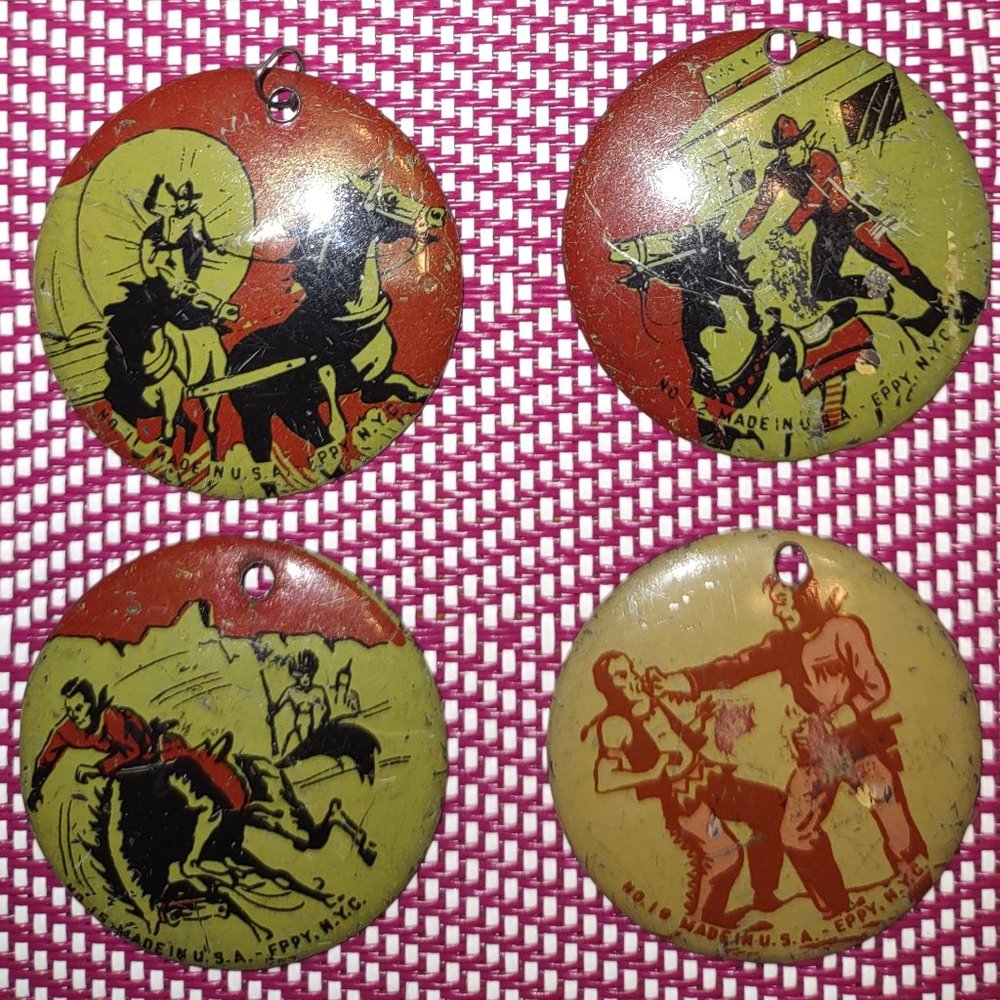 23 Vintage 1940 Eppy NYC Cowboys & Indians Western Tin Pendant Charms - Picture 2 of 6